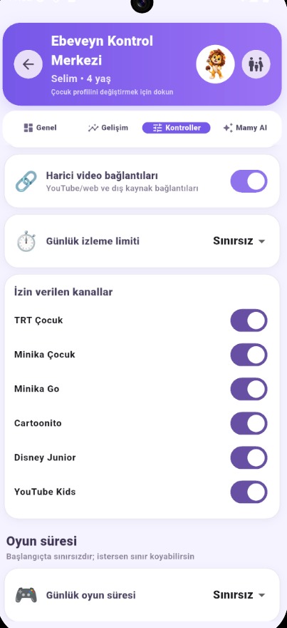 Video izinleri ve limitler ekranı